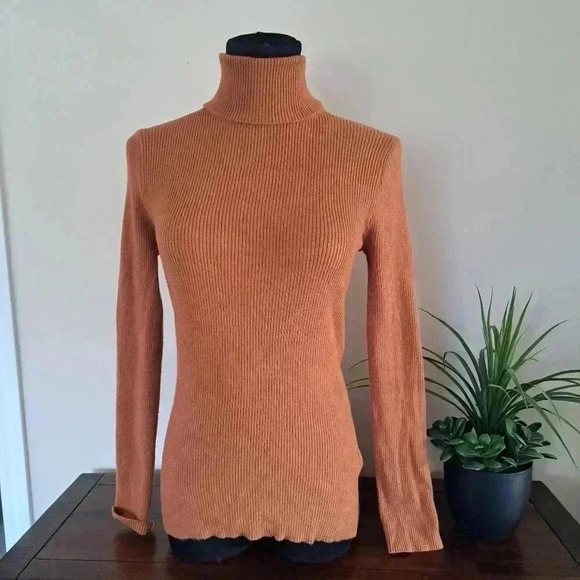 Women's Ribbed Turtleneck Sweater Size Medium Rust Brown Colour Soft Fitted - Picture 1 of 9